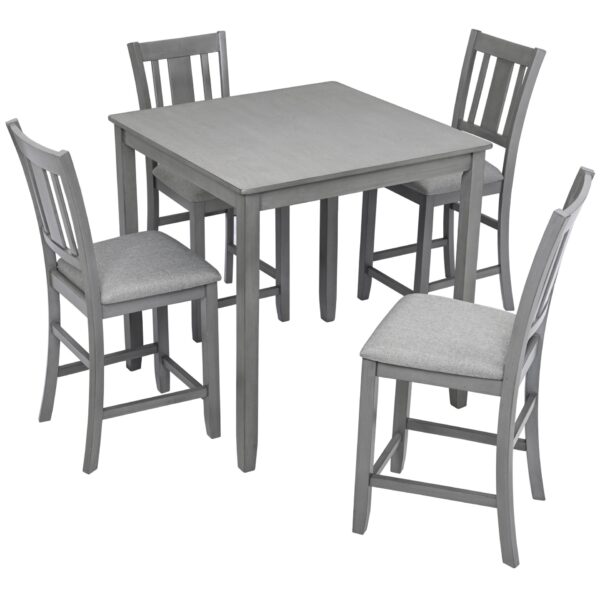 5 Pieces Dining Table Set, Wooden Dining Square Table Set For 4, Counter Height Kitchen Table Set With Square Table And 4 Upholstered Chairs For Small Space - Gray