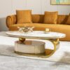 Modern Coffee Table Thick Sintered Stone Top With 2 Drawers Matt Stainless Steel Base - Gold - Image 2