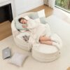Modern Oversized Round Barrel Accent Chair With Ottoman Velvet Upholstered Lounge Armchair With 5 Pillows For Living Room Or Bedroom - Beige - Image 7
