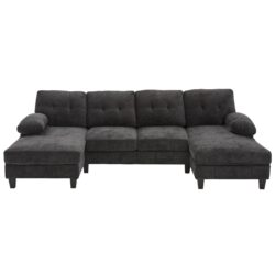 U Shaped Sectional Sofa Couch With Dual Chaise Lounges, Storage Pockets, Armrest Pillows - Black