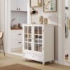 Buffet Cabinet With Double Glass Doors And Drawer, Storage Sideboard Cupboard For Living Room - White - Image 4