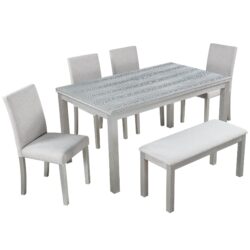 6 Piece Wooden Dining Table Set, Wooden Dining Table With 4 Upholstered Chairs And Bench For 6 People, Rectangular Dining Table Set With Crystal Decoration For Kitchen, Dining Room - Silver Gray