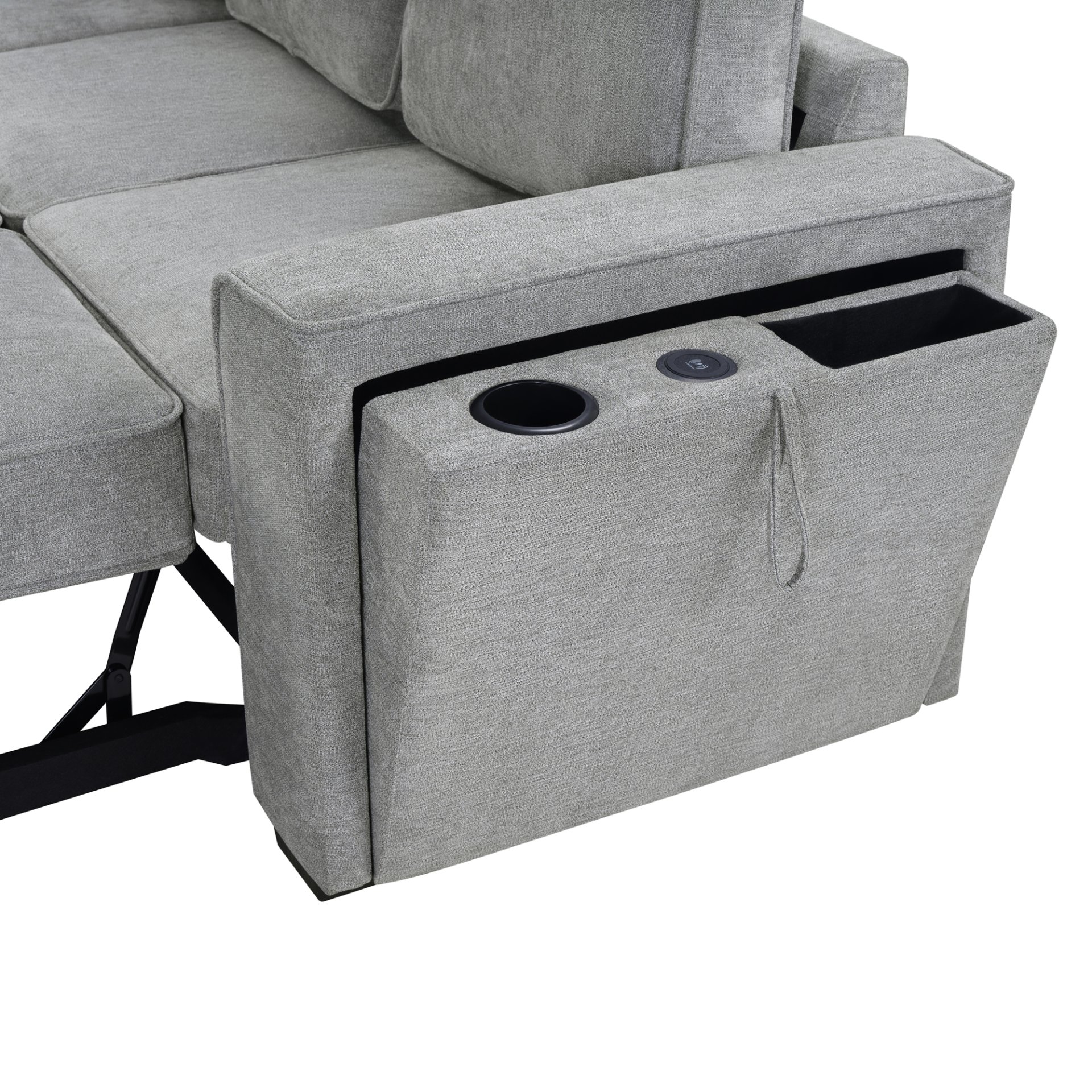 Convertible Sectional Sofa Bed Shaped Sofa With Dual Pull Out Sleepers, Flip Top Table, USB Ports, Cup Holder & Storage - Light Gray - Image 14