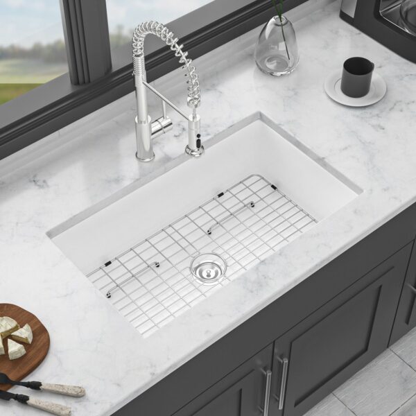 Elegant Ceramic 32" Undermount Single Bowl Kitchen Sink Dual Mount Deep Rectangular Basin - White