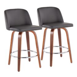 Toriano - Mid-Century Modern Fixed Height Counter Stool & Round Footrest (Set of 2) - Walnut / Gray