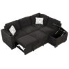 Sectional Pull-Out Sofa Bed L-Shaped Corner Sofa Couch With Storage Chaise, USB Ports, Power Sockets, Cup Holder For Living Room, Bedroom, Study - Black - Image 18