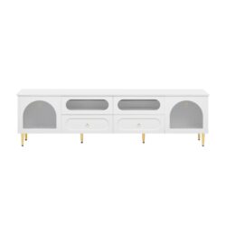 Retro TV Stand, Entertainment Center Media Console Cabinet With 6 Metal Legs, 2 Cabinets, 4 Drawers And Anti-Tip Device For Living Room, Up To 85" - White