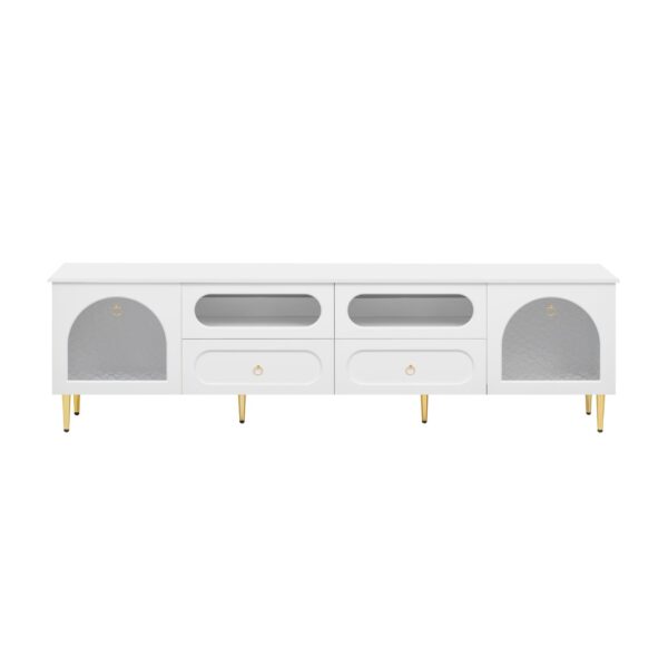 Retro TV Stand, Entertainment Center Media Console Cabinet With 6 Metal Legs, 2 Cabinets, 4 Drawers And Anti-Tip Device For Living Room, Up To 85" - White