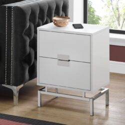 Accent Side Table, 2 Storage Drawer, Glossy Contemporary And Modern - White