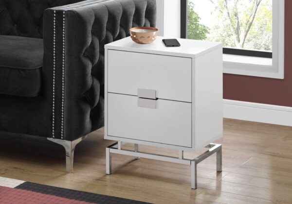 Accent Side Table, 2 Storage Drawer, Glossy Contemporary And Modern - White
