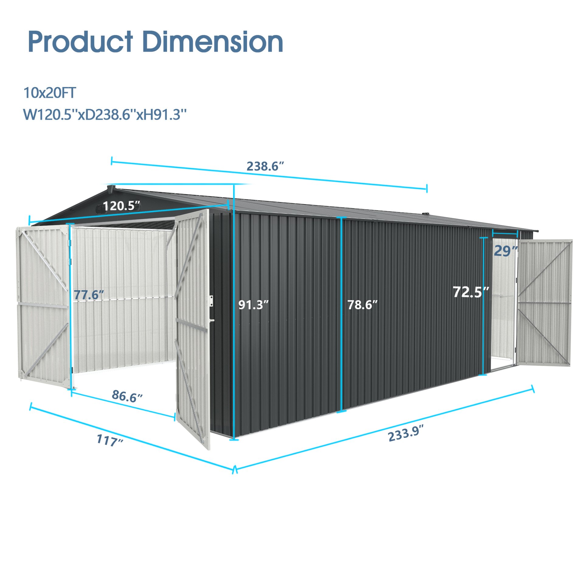 Industrial - 20' x 10' Heavy Duty Metal Garage Shed - Dark Gray - Image 2