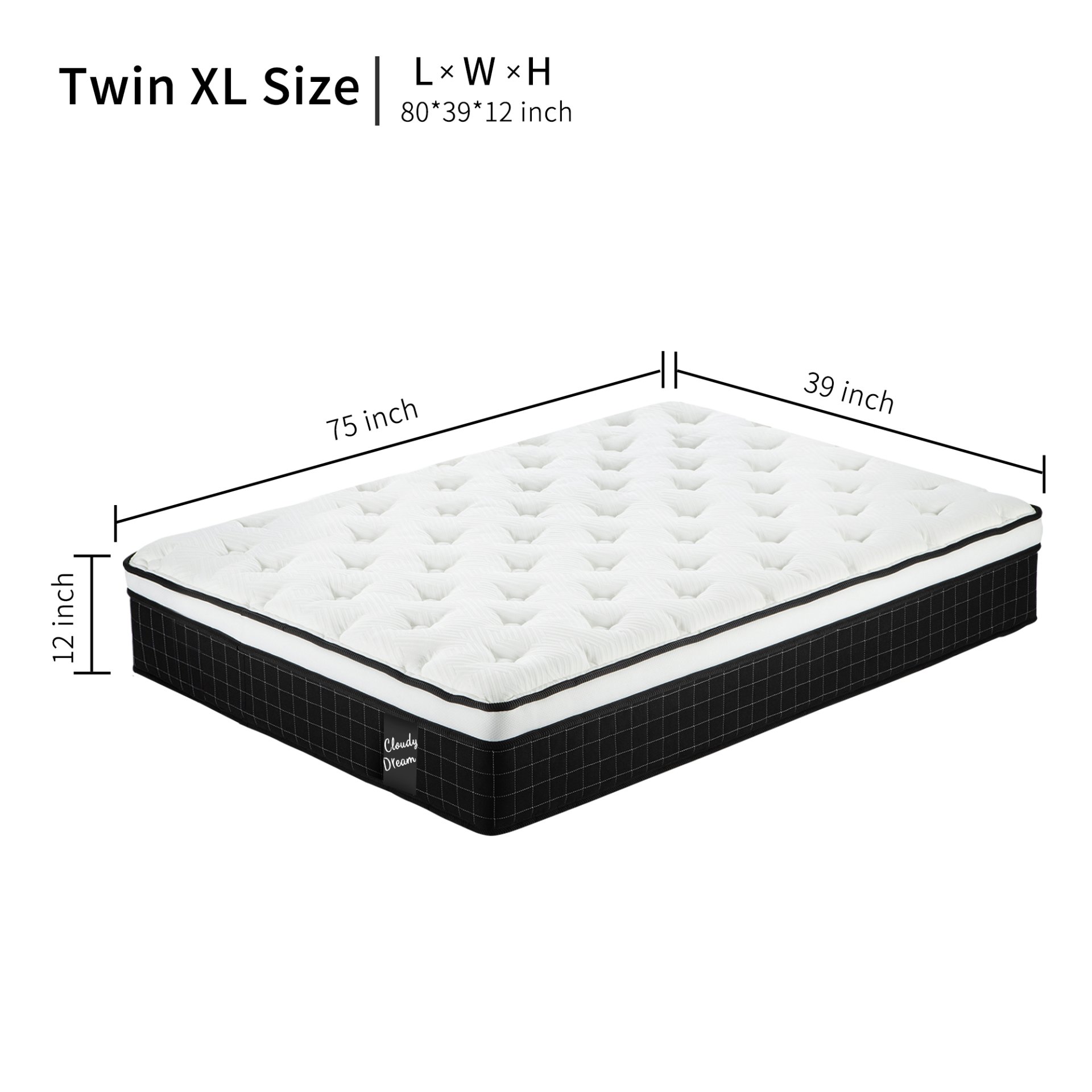 12" Twin Long Hybrid Mattress Individual Pocket Spring Soft Memory Foam Breathable Knitted Cover - Black - Image 3