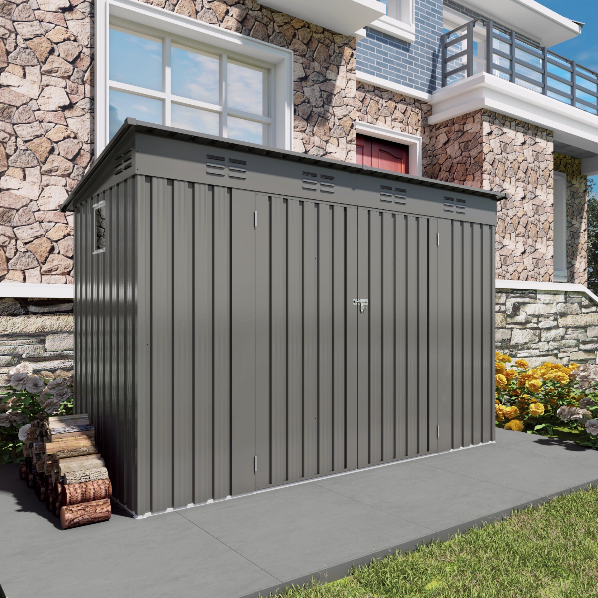 Outdoor Storage Shed 4 X 9 Ft With Sloping Roof And Vents For Garden And Patio - Gray - Image 4