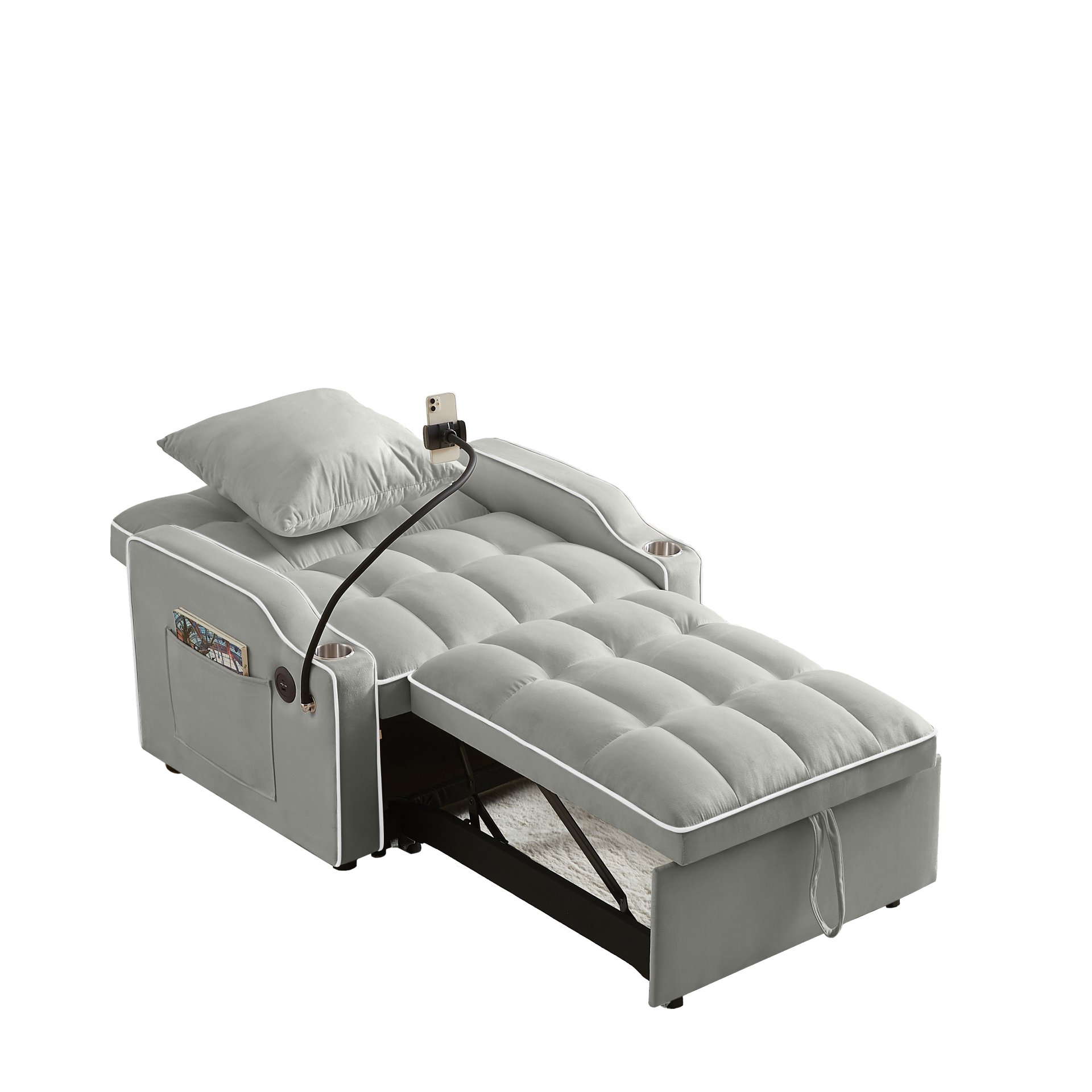 3 In 1 Convertible Sleeper Chair Sofa Bed, Adjustable Pull Out With Multi Pockets Velvet - Gray - Image 13