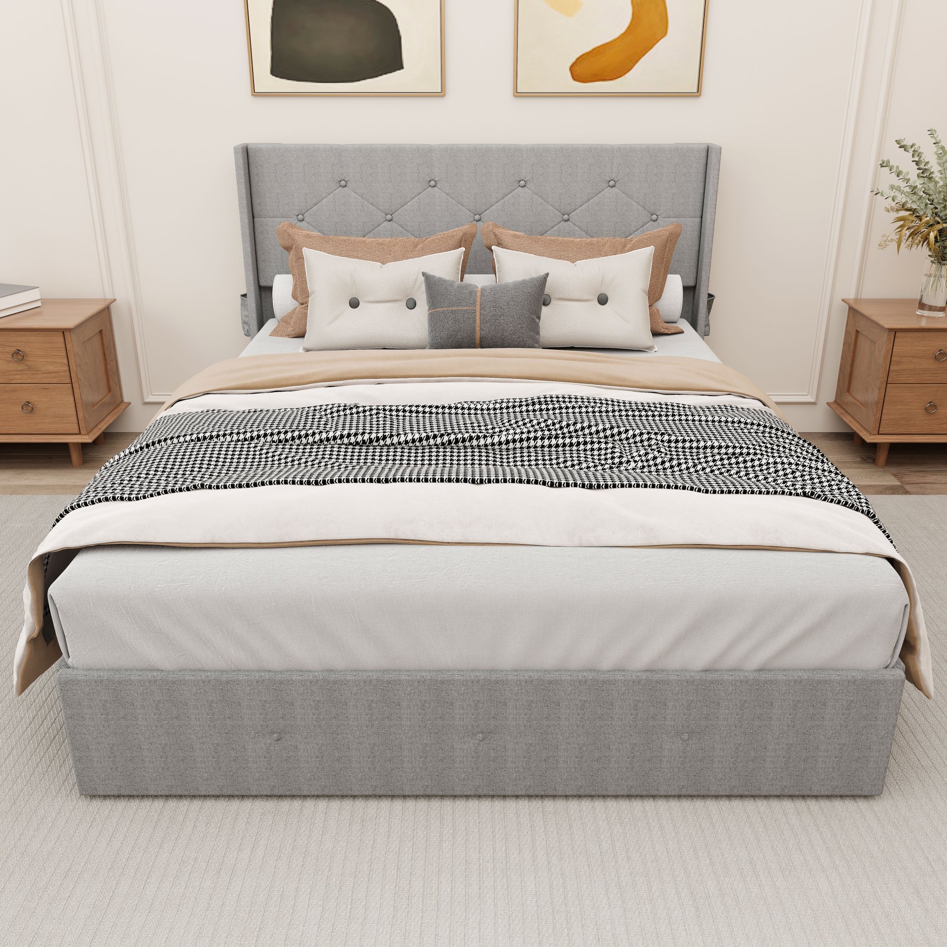 Queen Size Bed Frame With Lift Up Storage, Wingback Headboard And USB Ports - Light Gray - Image 2