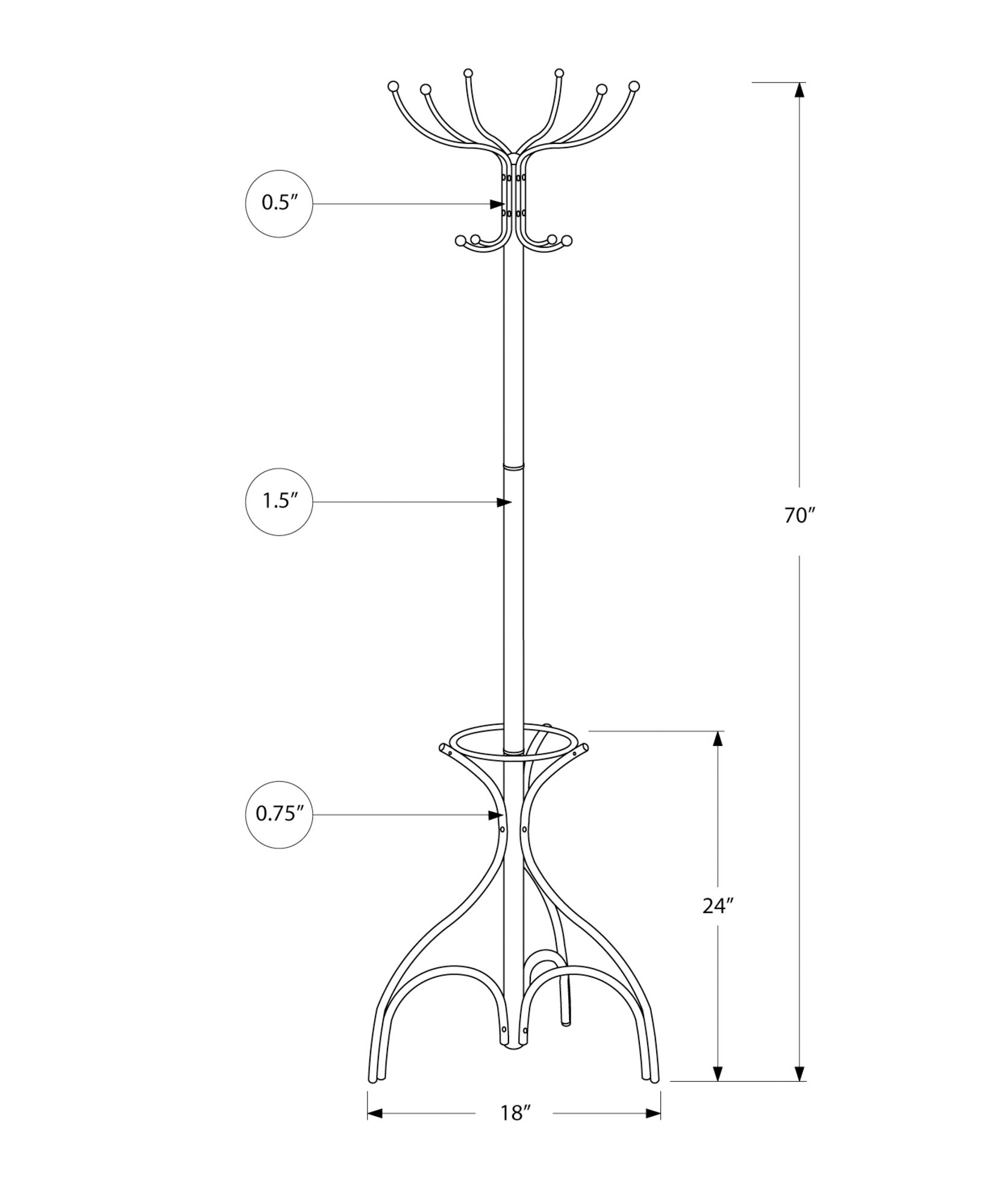 Coat Rack, Hall Tree, Free Standing, 12 Hooks, Entryway, Umbrella Holder, Contemporary & Modern - Silver - Image 4