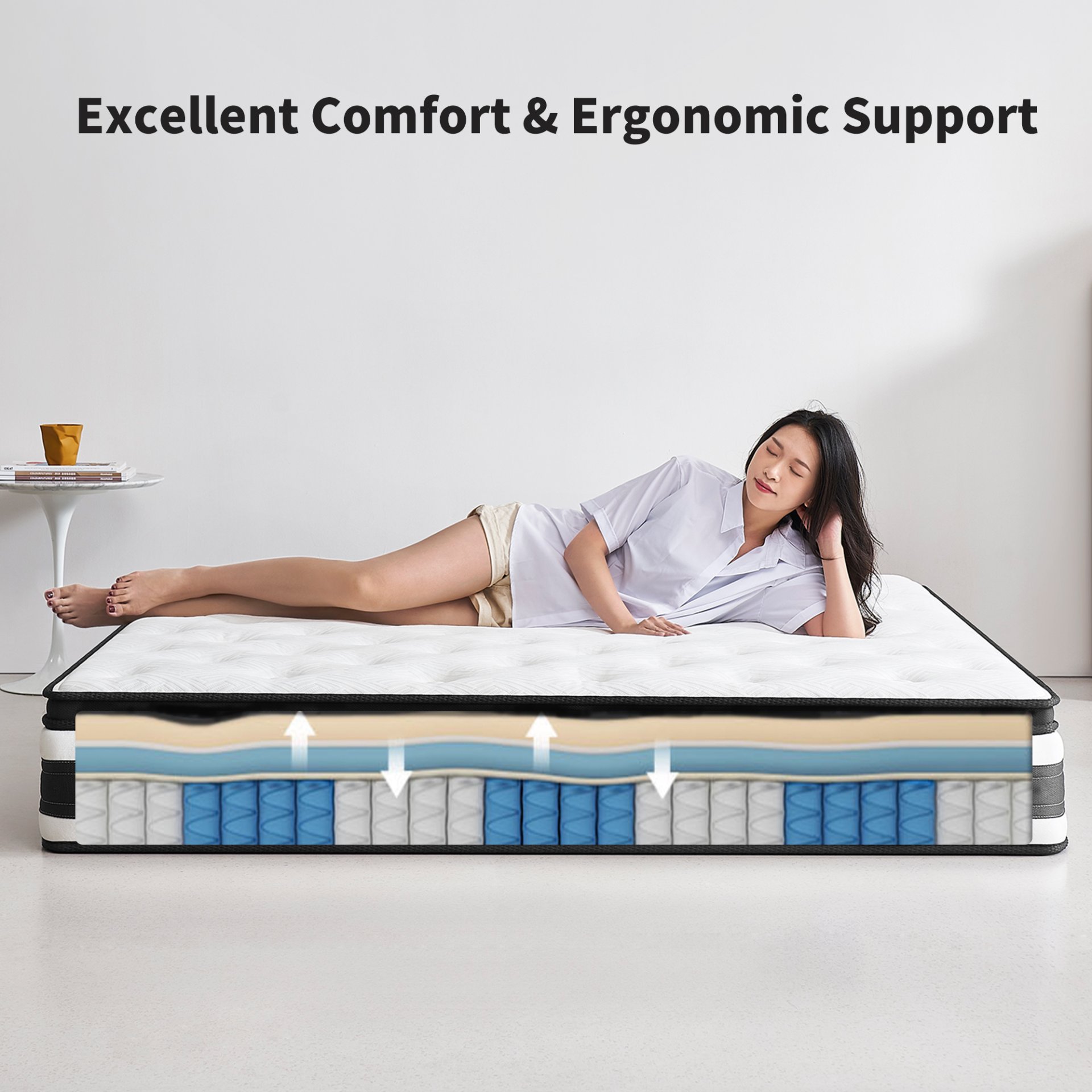 12" King Size Hybrid Mattress 7 Zoned Individual Pocket Spring Breathable Memory Foam Mattress - White / Black - Image 4