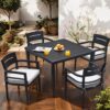 Outdoor Patio Square Dining Table With Tapered Feet & Umbrella Hole - Ember Black - Image 4