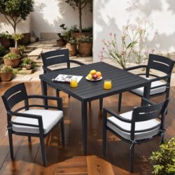 5 Piece Outdoor Patio Modern Dining Set, 4 Dining Chairs Sunbrella Fabric And Square Dining Table With Umbrella Hole - Ember Black
