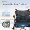 Lightweight Foldable Transport Wheelchair Square Tube Design With Double Brakes Adjustable Armrest & Breathable Seat Cushion Ideal For Disabled & Post Surgery Recovery - Black / Gold - Image 7