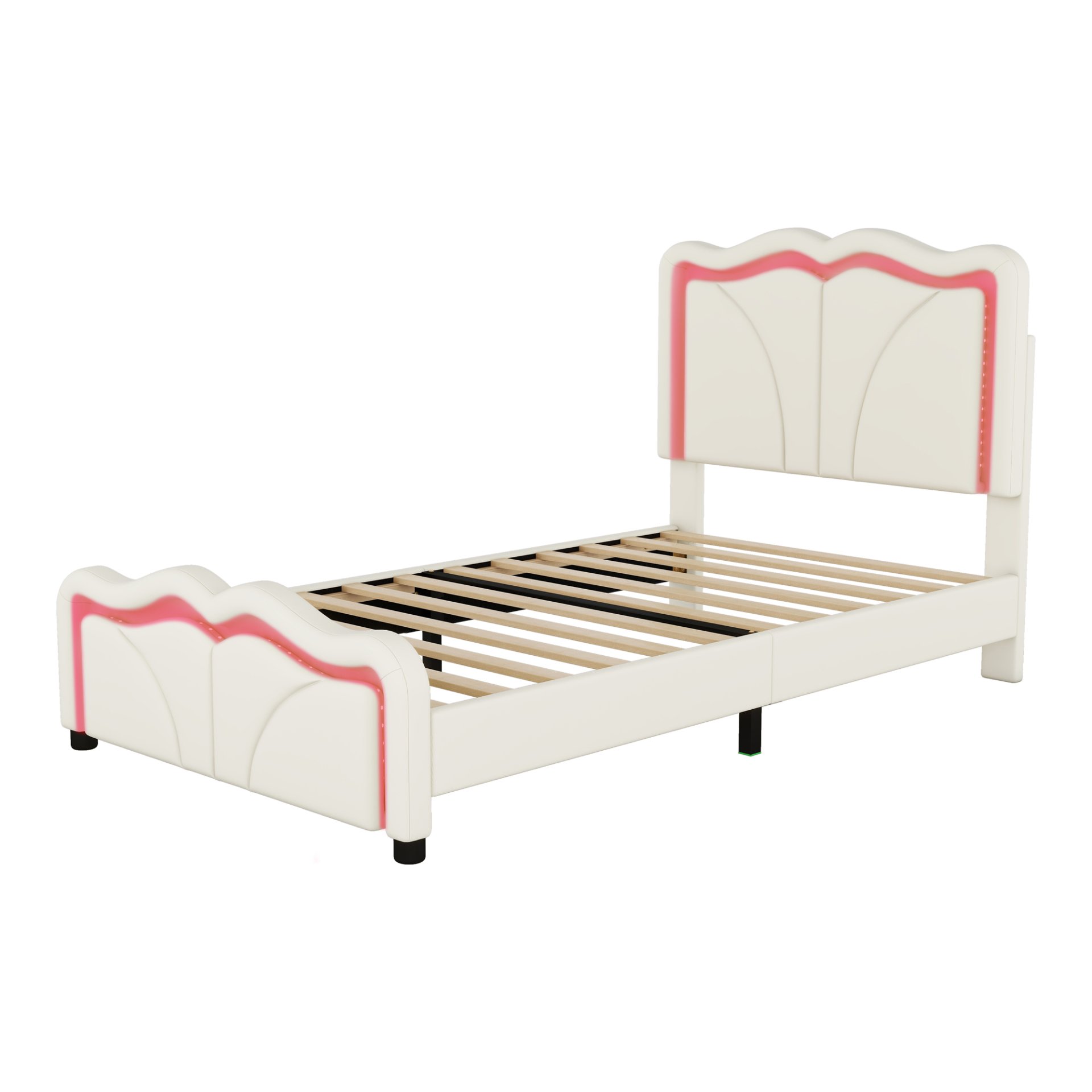 Twin Size Upholstered Platform Bed With Curved Adjustable Headboard And LED Lights - White - Image 13