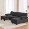 U Shaped Sectional Sofa Couch With Dual Chaise Lounges, Storage Pockets, Armrest Pillows - Black - Image 7