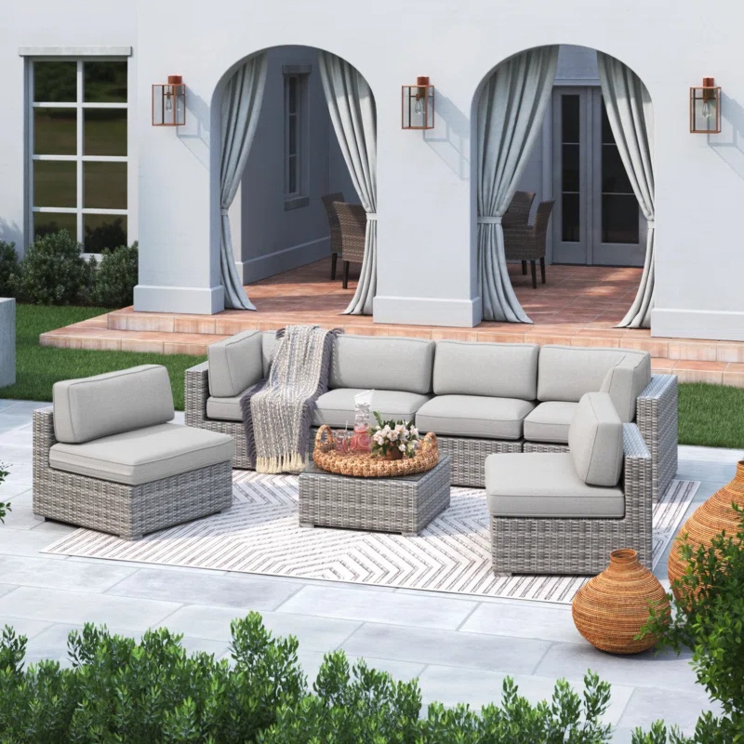 6 Piece Rattan Wicker Patio Set With Cushions, All Weather - Gray Mix - Image 2