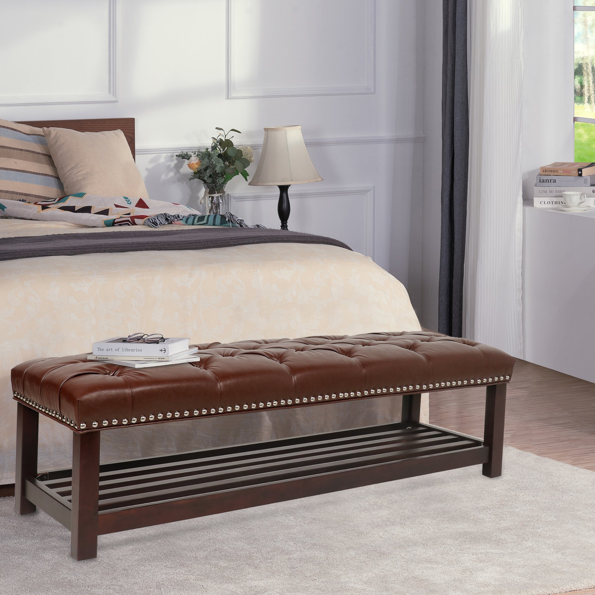 Bedroom End Of Bed Bench Tufted Upholstered End Of Bed Bench End Of Bed Entrance Shoe Bench, 60" With Nailhead Trim And Shelf Bedroom Upholstered Leather Bench Living Room Shoe Rack Footstool - Dark Brown - Image 5