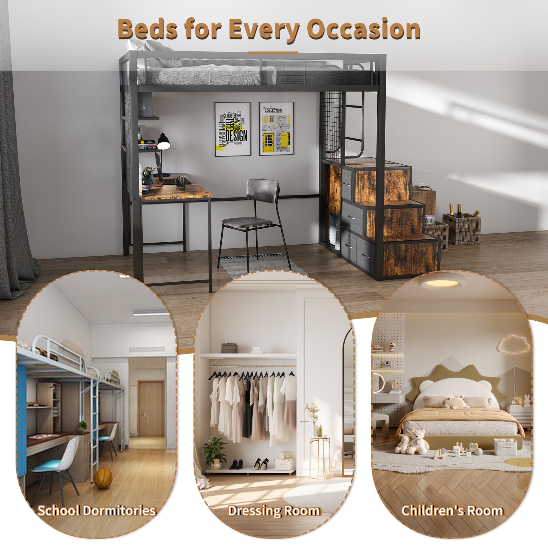 Heavy Duty Full Loft Bed With Desk & USB Charging Metal Frame With Storage Drawers And Staircase - Black - Image 10