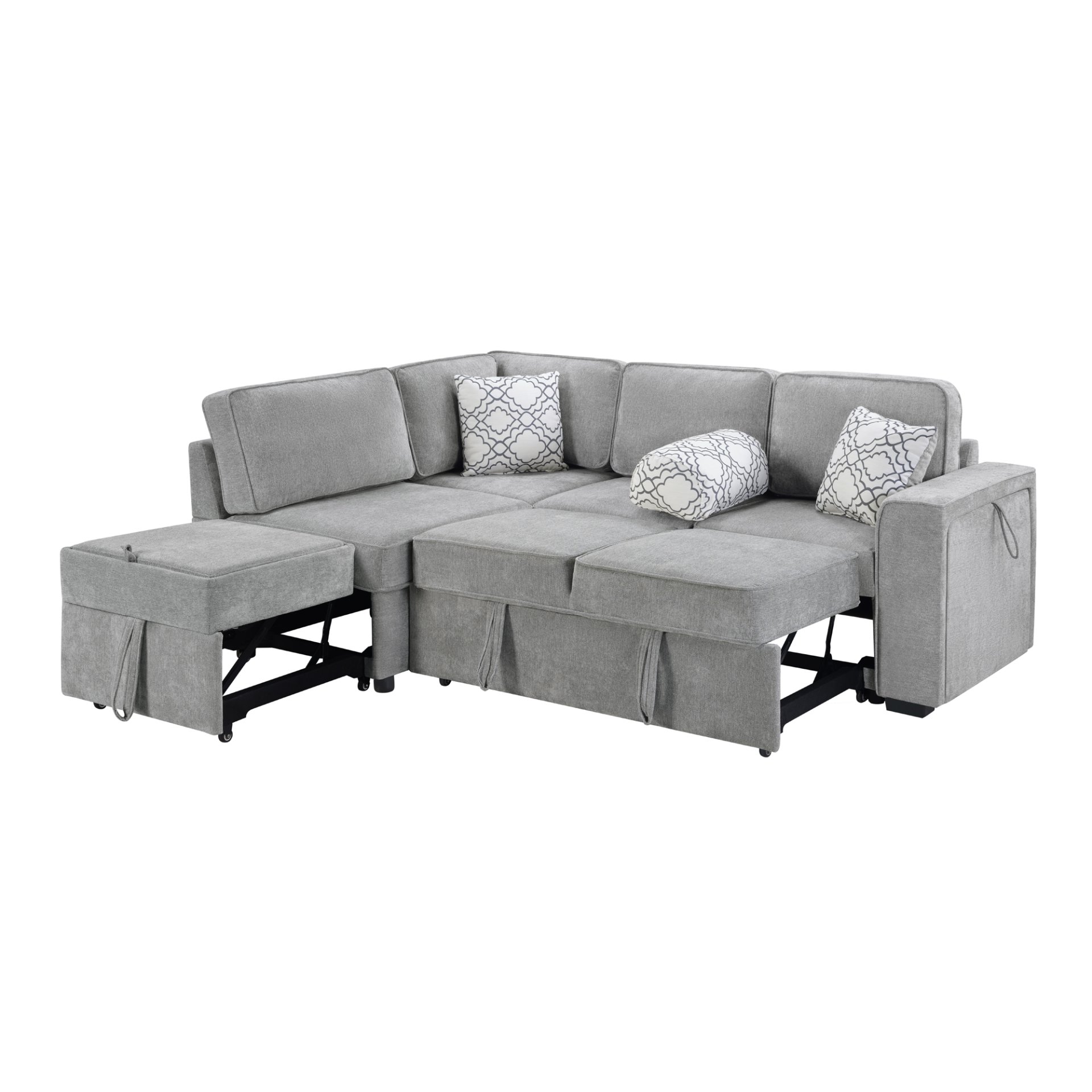 Convertible Sectional Sofa Bed Shaped Sofa With Dual Pull Out Sleepers, Flip Top Table, USB Ports, Cup Holder & Storage - Light Gray - Image 8