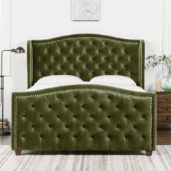 Marcella - Queen Upholstered Shelter Headboard Bed Set - Olive Green