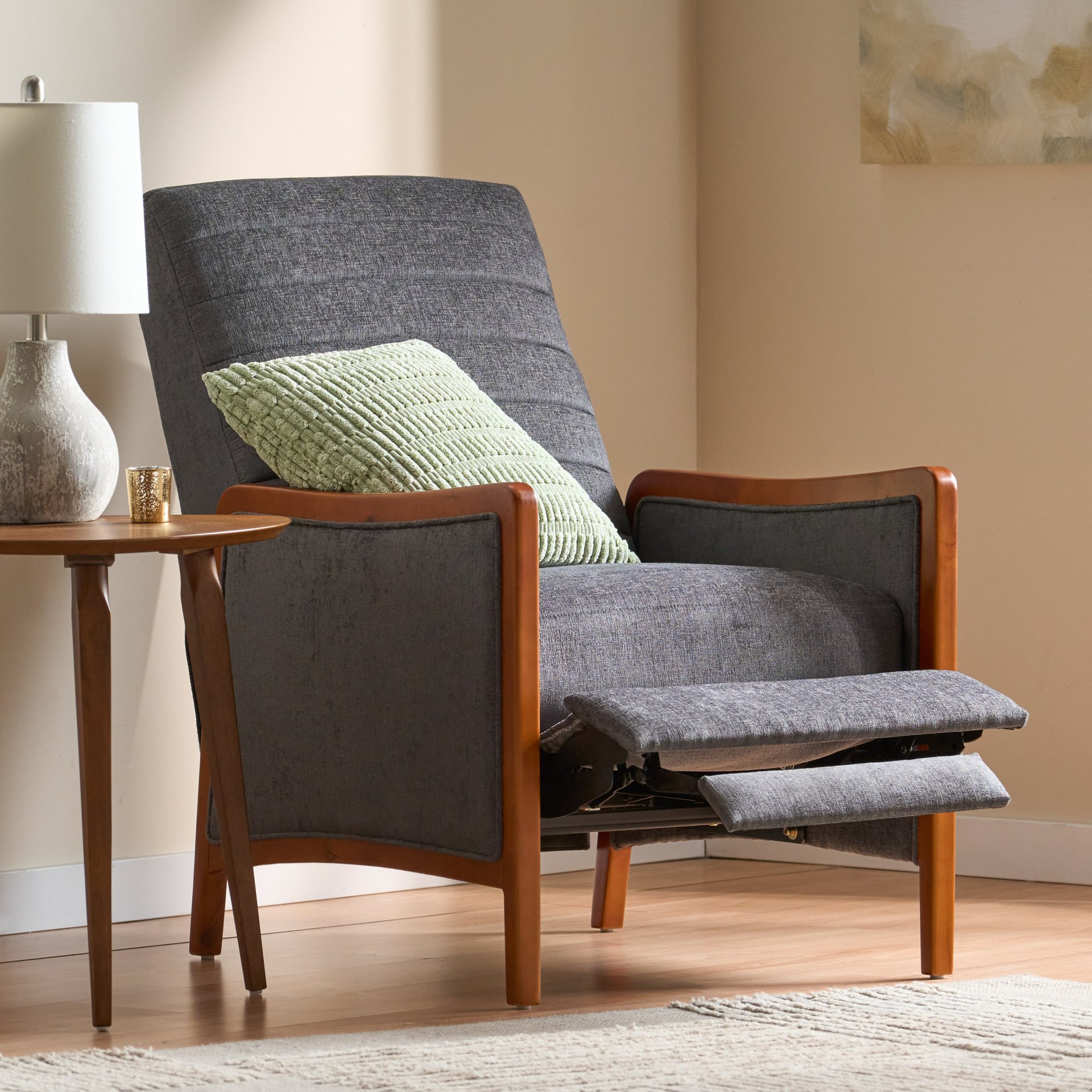 Mendota - Mid Century Modern Fabric Channel Stitch Wood Pushback Recliner - Gray - Image 5