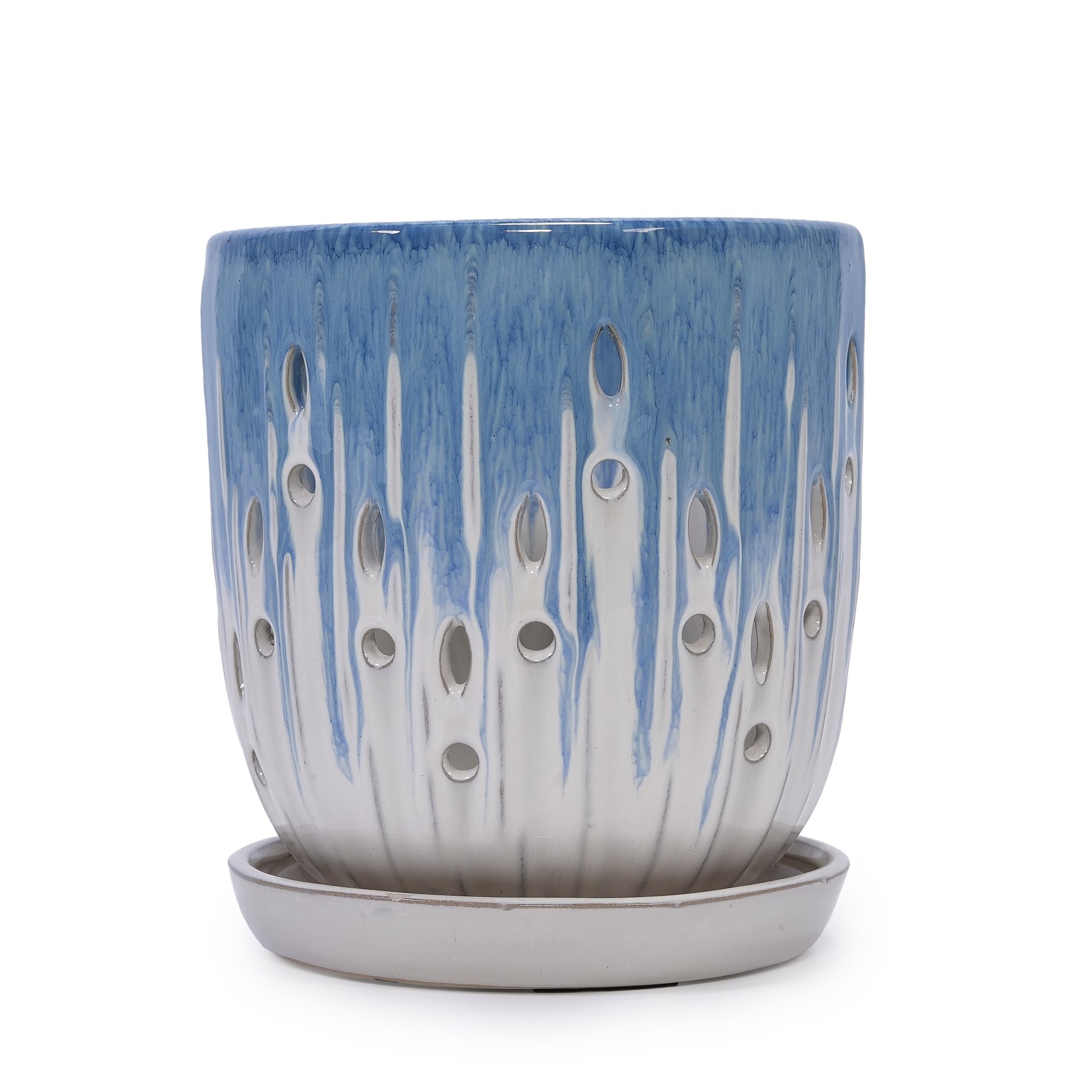 Ceramic Flowerpot With Drainage Hole, 8" Planter For Patio, Garden, Windowsill (Set of 2) - White / Blue - Image 5