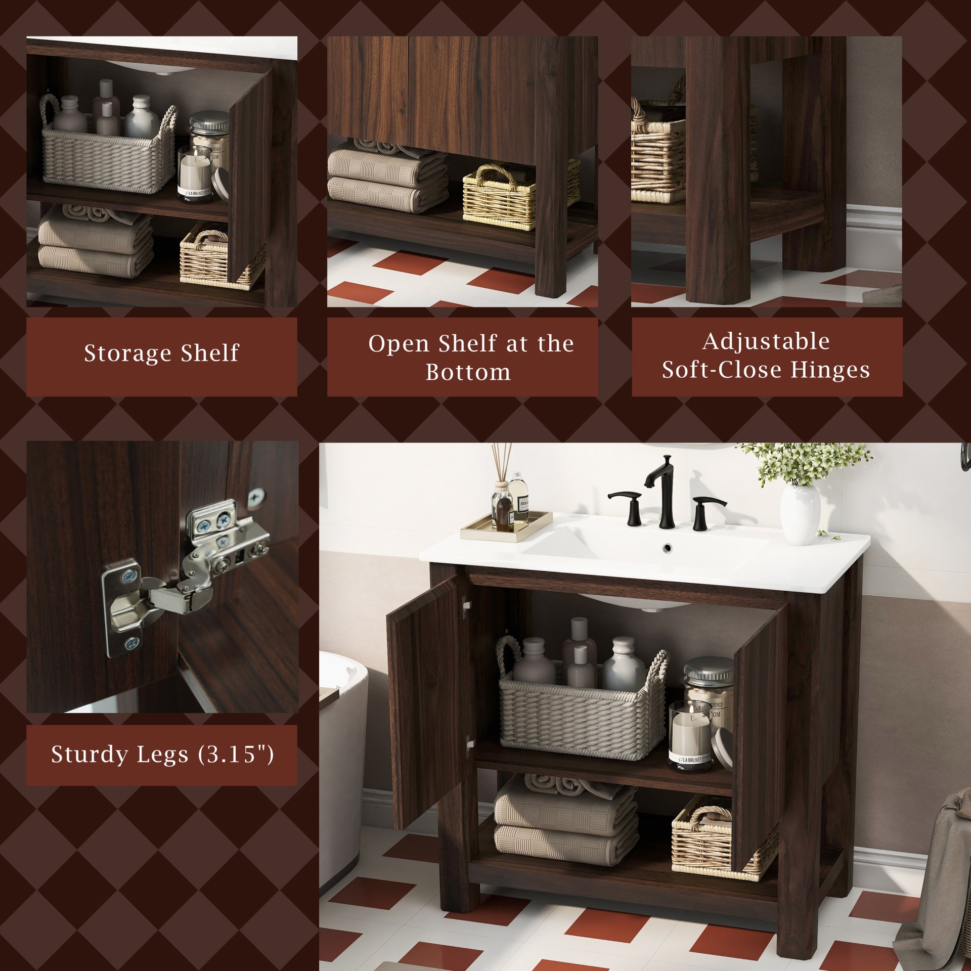 36" Modern Bathroom Vanity With Rectangle Ceramic Sink, Bathroom Cabinet And 45 Degrees Free Handle Design Soft Closing Doors, 1 Open Shelf At The Bottom - Dark Brown - Image 7