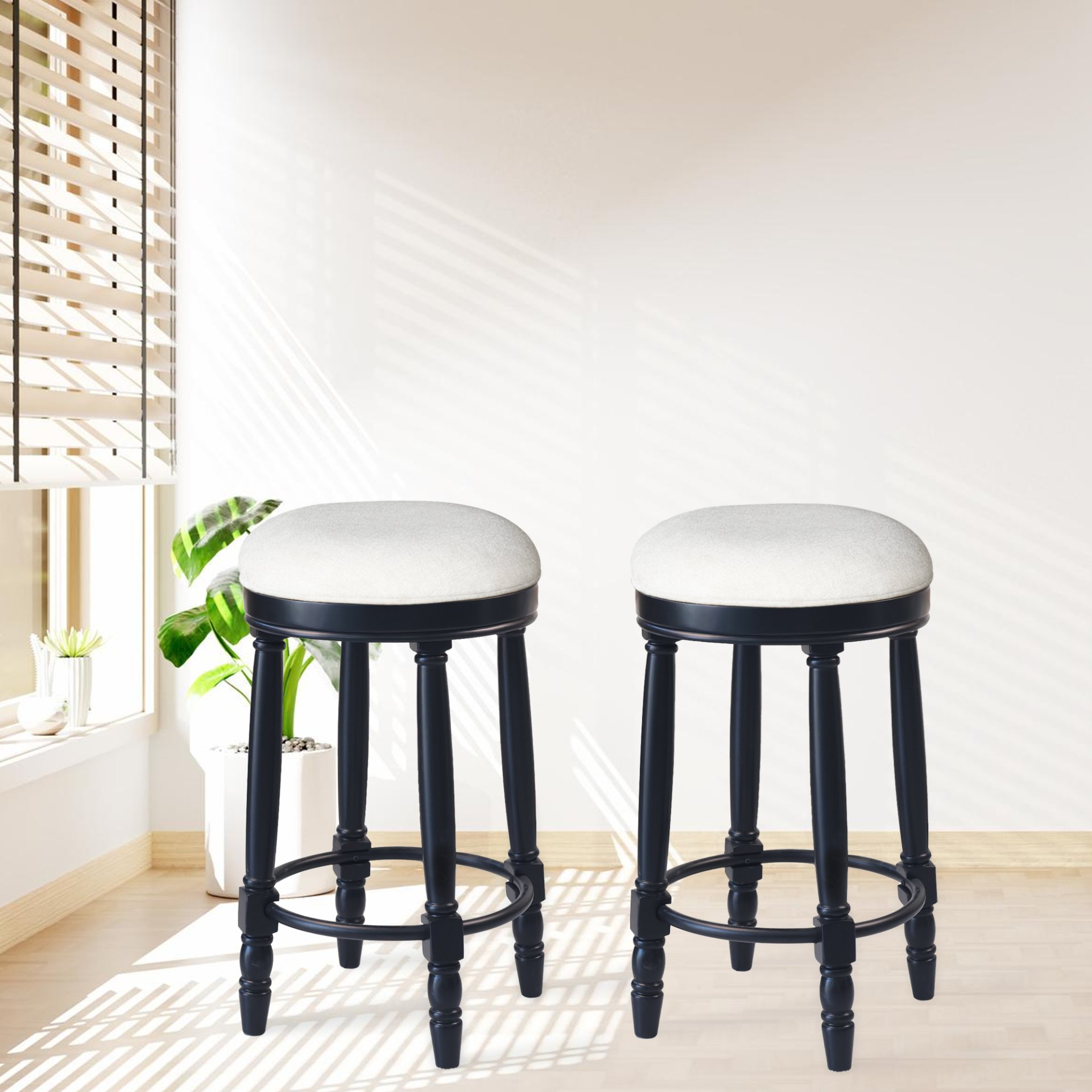 360° Swivel Wooden Barstools, 26" Counter Height (Set of 2) With Fabric Upholstered Seat - Black - Image 7