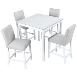 5 Piece Counter Height Table Set, Wooden Kitchen Table Set With Square Table And 4 Upholstered Chairs, Counter Height Dining Table With Crystal Decoration And Chair Set For Kitchen, Dining Room - White