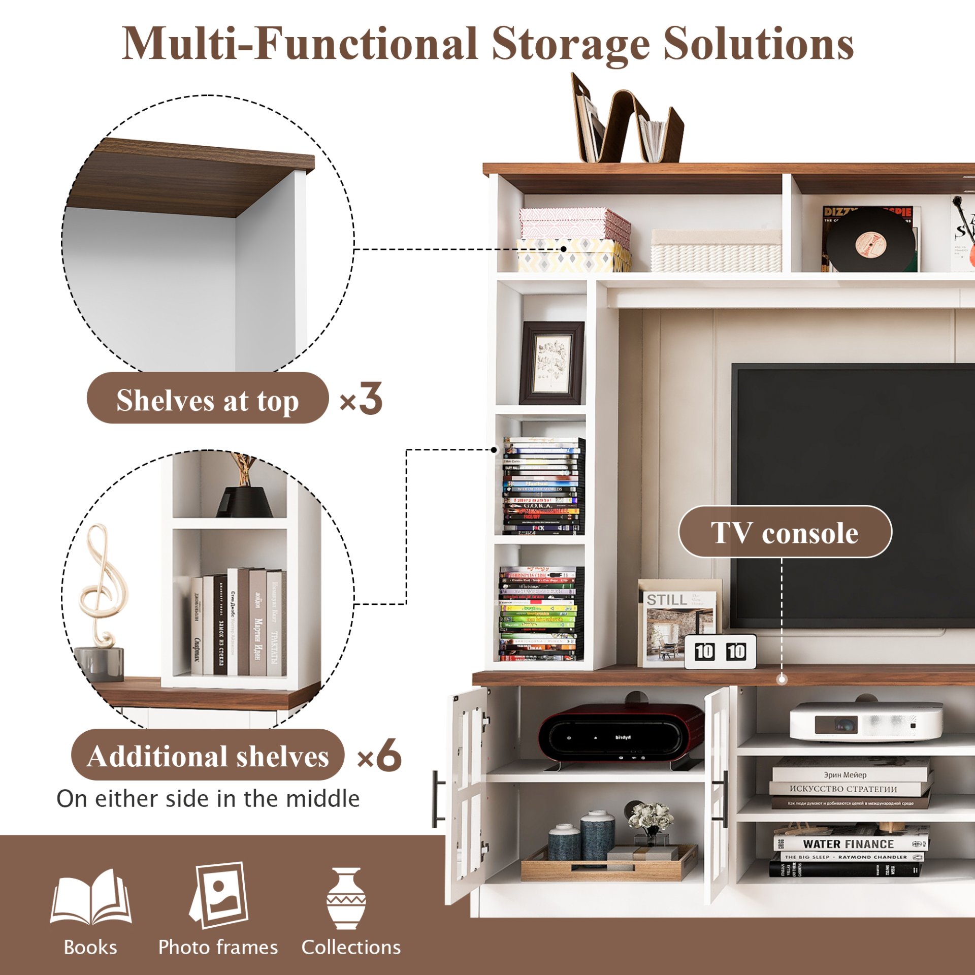 Wall Unit Entertainment Center With Bookshelves For TVs Up To 80", Modern TV Stand Media Console With Cabinets, Tempered Glass Doors And Adjustable Shelves For Living Room - White - Image 6