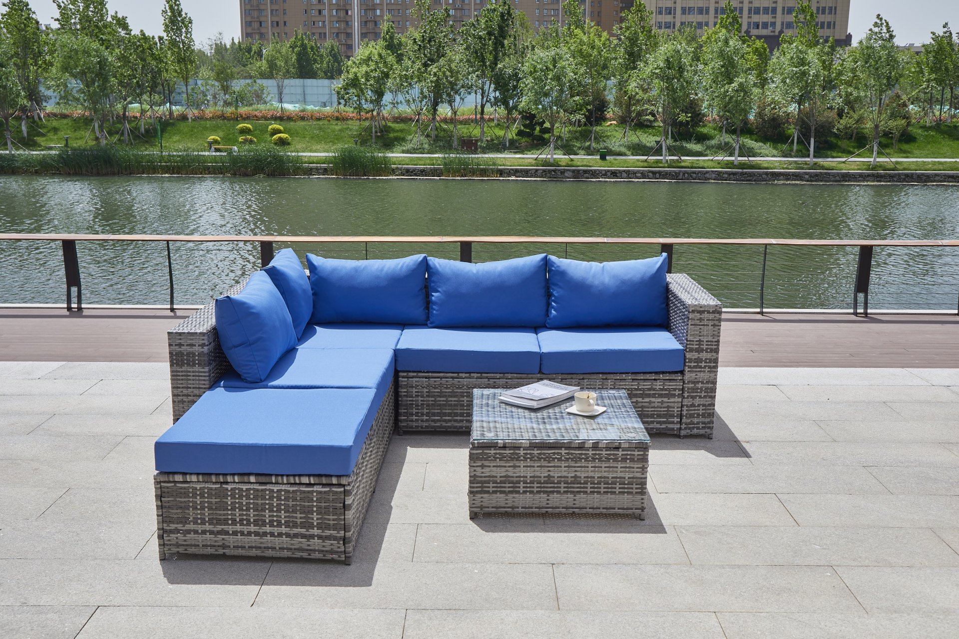 Luxurious Comfort Patio Sofa With Cushions - Blue / Gray - Image 5