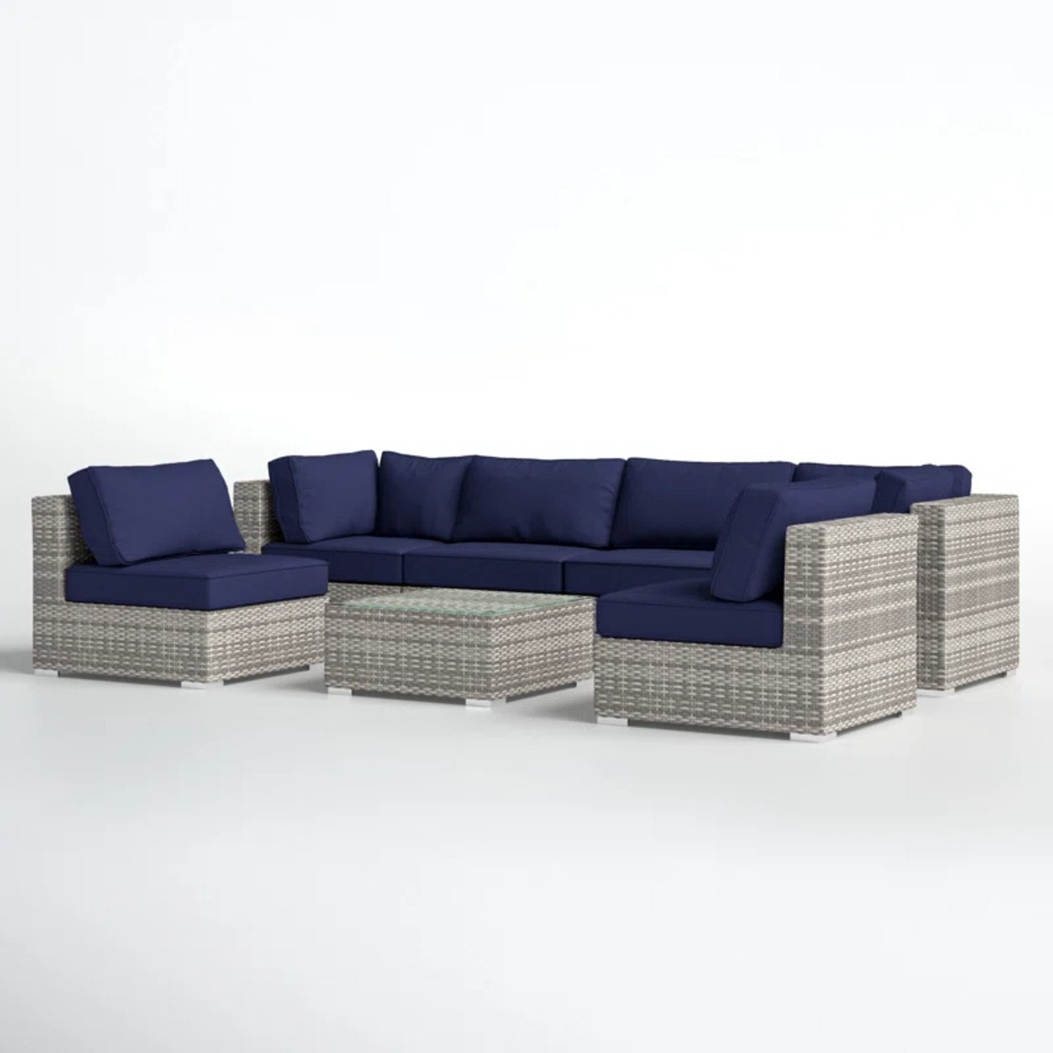 6 Person Patio Set With Premium Cushions And Rattan Wicker Frame - Dark Blue / Gray Mix - Image 5