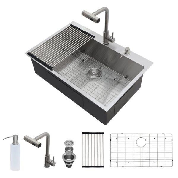 Drop In Kitchen Sink With Pull Down Faucet And Soap Dispenser - Brushed Nickel