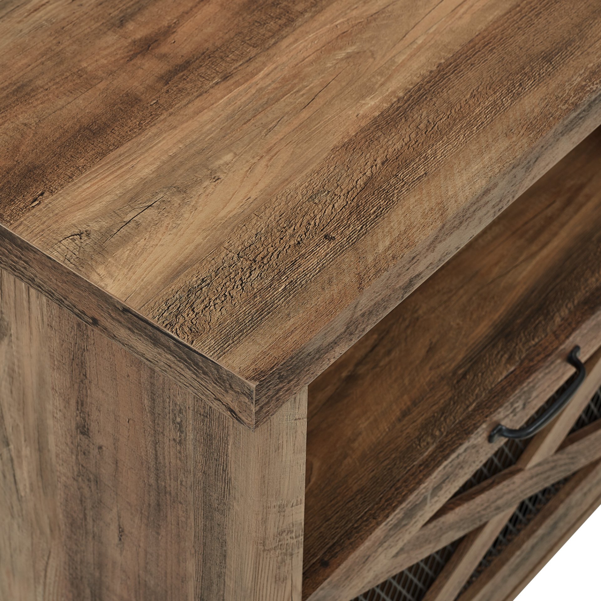 Industrial Farmhouse Metal Mesh Drop Down X Door 70" Fireplace TV Stand For 80" TVs - Rustic Oak - Image 6