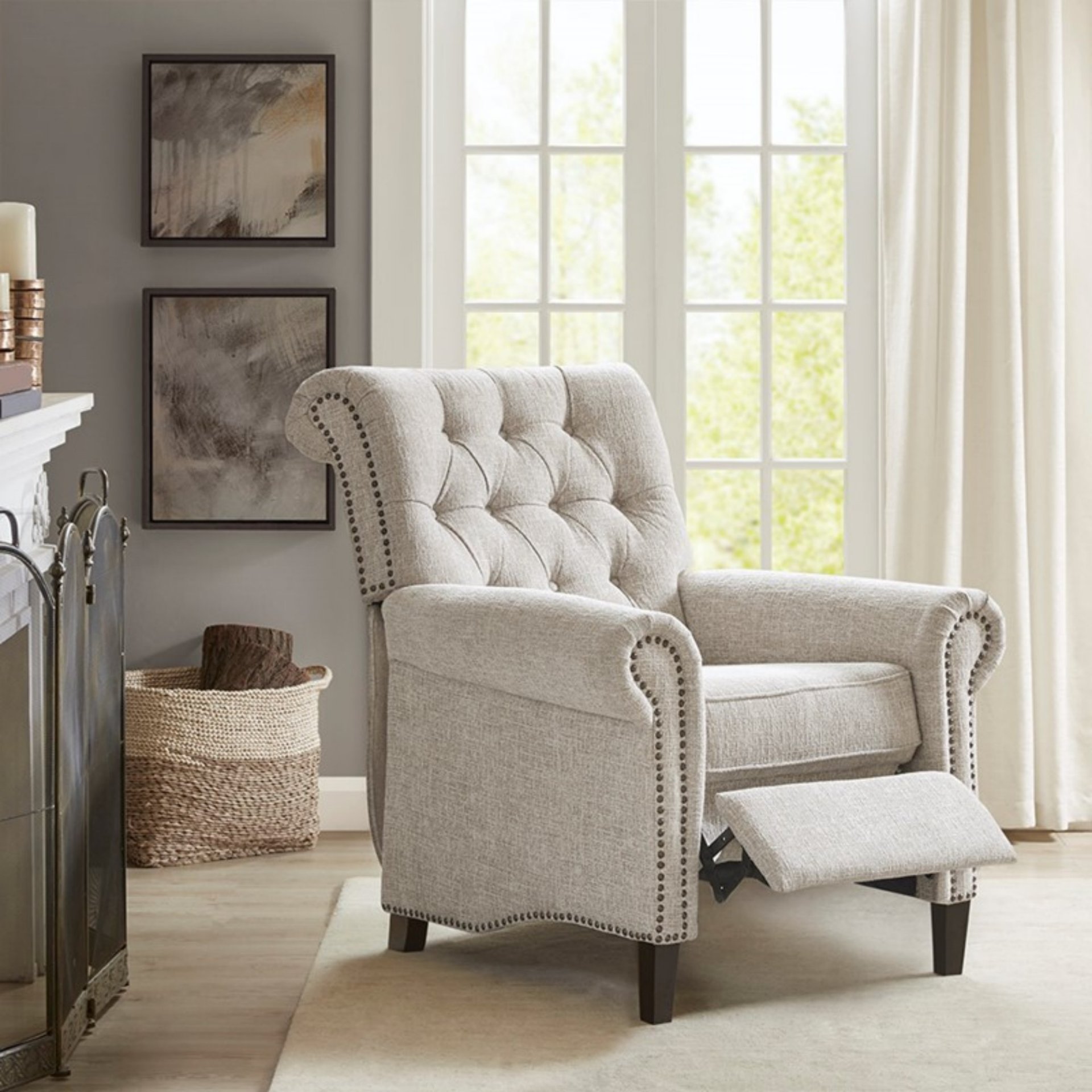 Aidan - Push Back Recliner Chair With Tufted Back And Nailhead Trim - Cream - Image 8