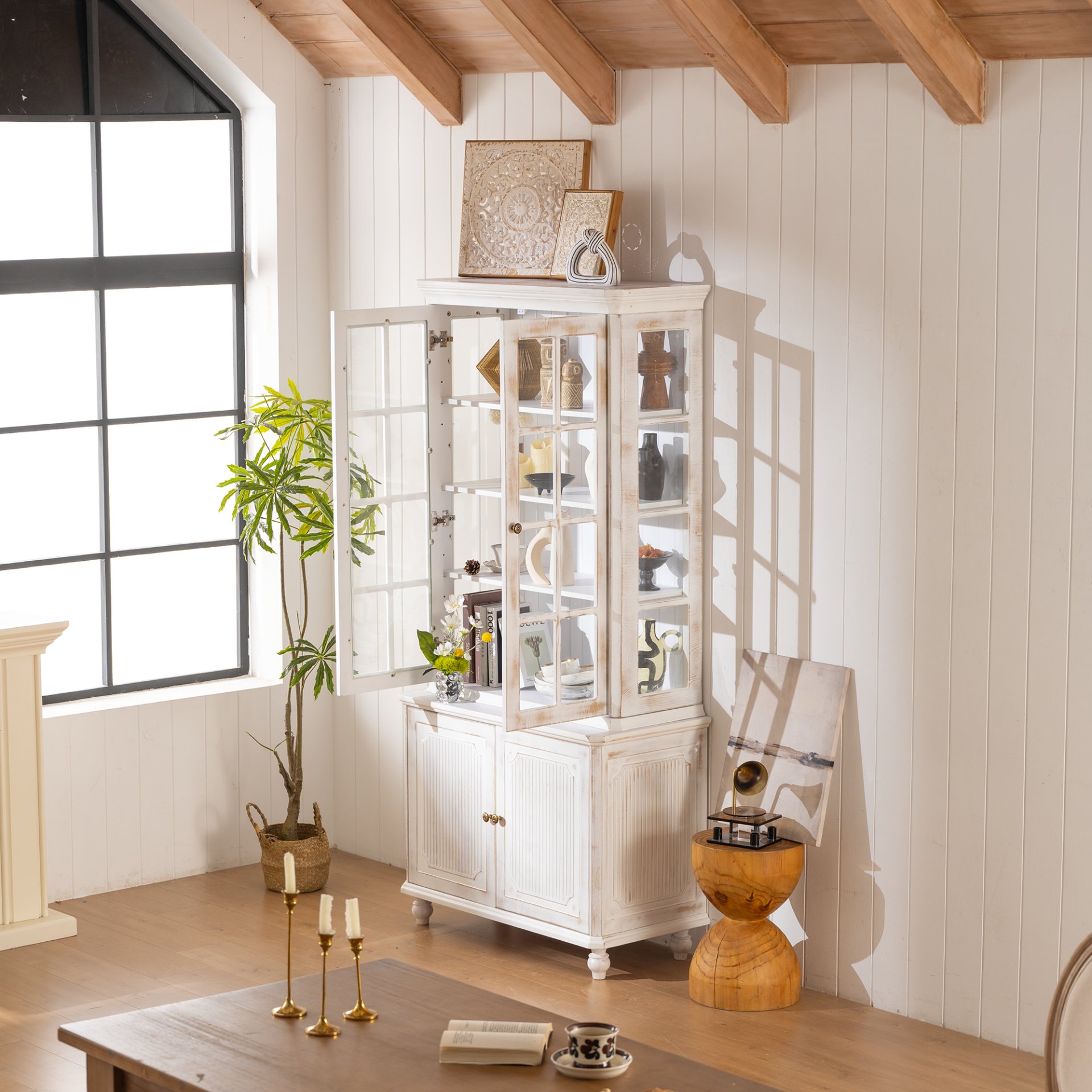Vintage Display Cabinet With Double Glass Doors, Traditional Style Hutch For Home Or Workspace Washed - White Washed - Image 11