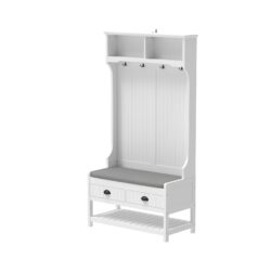 3 In 1 Hallway Hall Tree With Cushion, Storage Drawers, Hooks Shelves - White