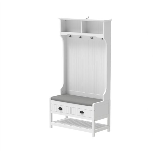 3 In 1 Hallway Hall Tree With Cushion, Storage Drawers, Hooks Shelves - White