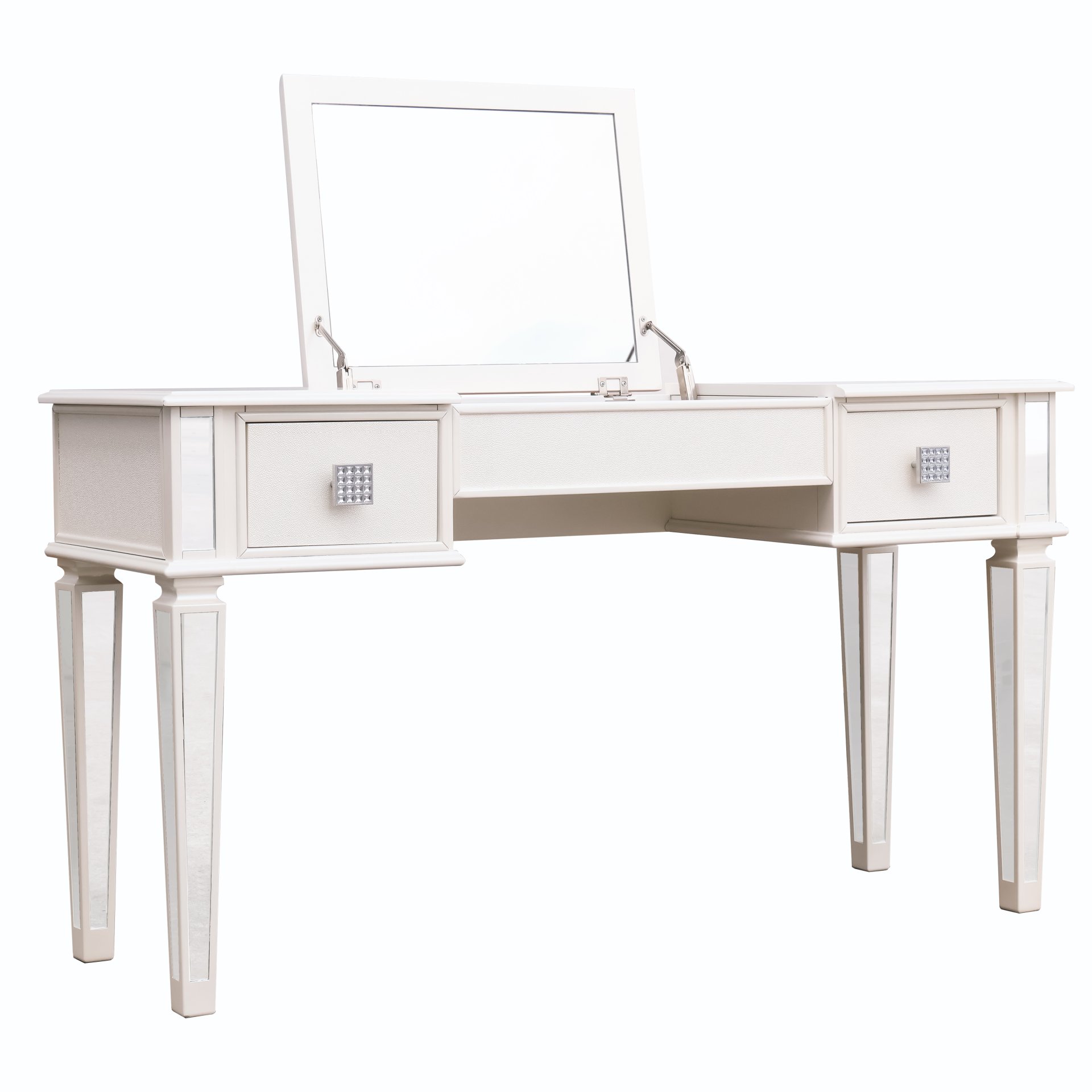Elegant Mirrored Vanity Desk Set With Drawers And Flip Up Mirror, Silver Finish, Glass And Wood - White - Image 6