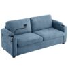 Corduroy Sleeper Sofa Loveseat Sofa With Full Size Mattress, 2 USB Ports, 2 Cup Holders, 2 Side Pockets And A Phone Holder For Living Room - Navy Blue - Image 11