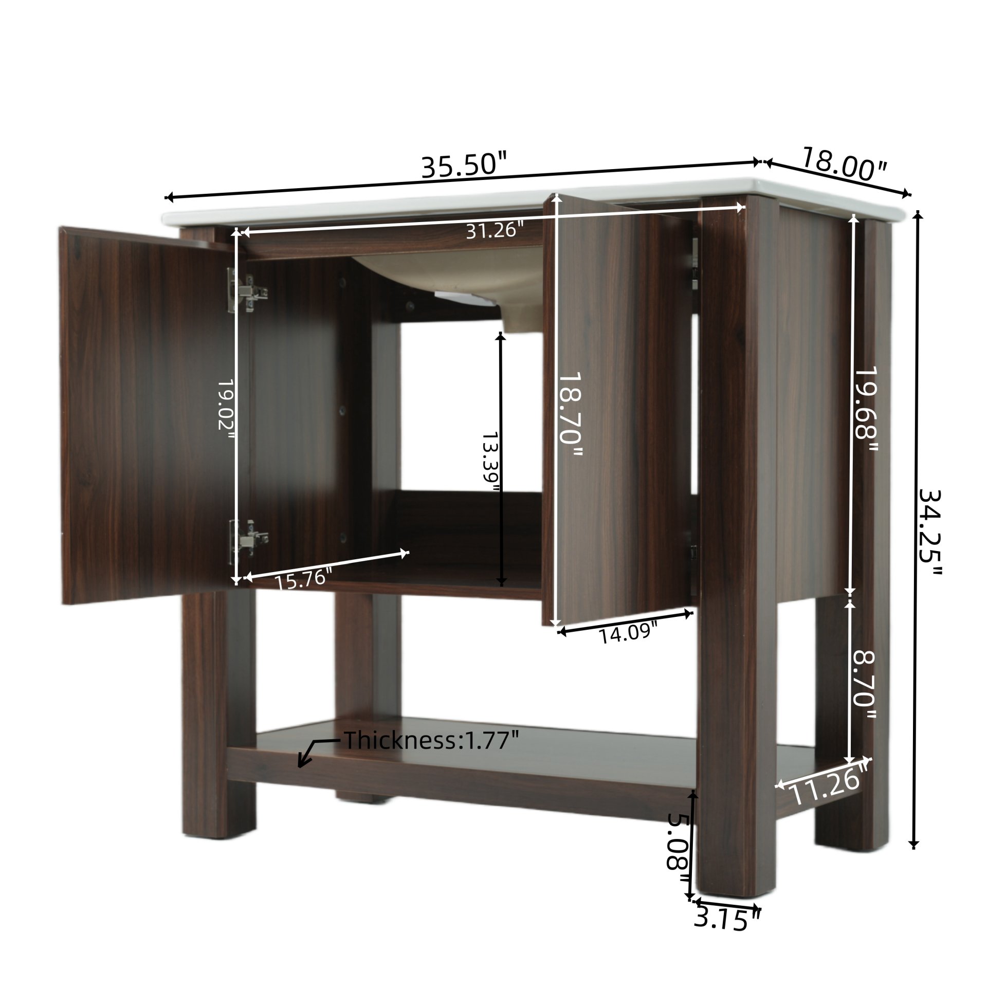 36" Modern Bathroom Vanity With Rectangle Ceramic Sink, Bathroom Cabinet And 45 Degrees Free Handle Design Soft Closing Doors, 1 Open Shelf At The Bottom - Dark Brown - Image 3