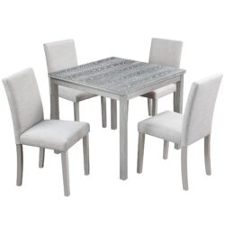 5 Piece Wooden Dining Table Set, Kitchen Table Set With A Square Table And 4 Upholstered Chairs, Wooden Dining Room Table With Crystal Decoration And Chairs Set For Kitchen, Dining Room - Silver Gray