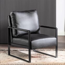 Classic Mid Century Modern Accent Chair With Durable Square Metal Frame, Armchair For Living Room, Bedroom, Home Office Spotted Microfiber Upholstery - Black